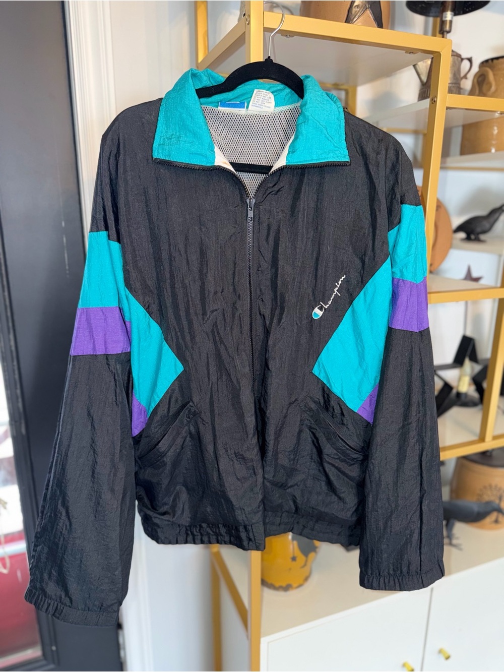 Champion vintage 1980s Black Windbreaker with Teal & Purple Panels